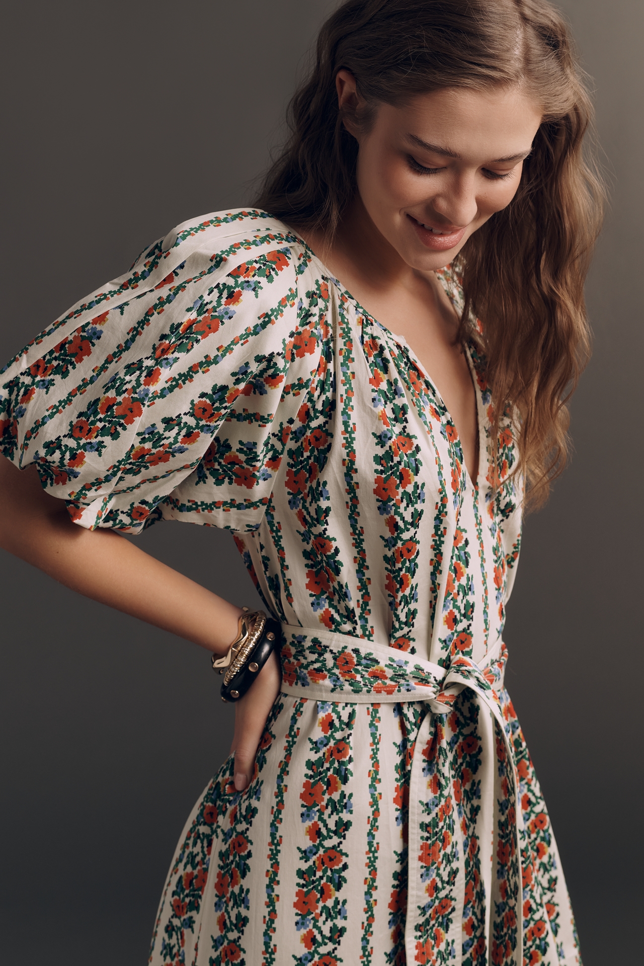 THE GREAT. Fairground Belted Puff-Sleeve Midi Dress