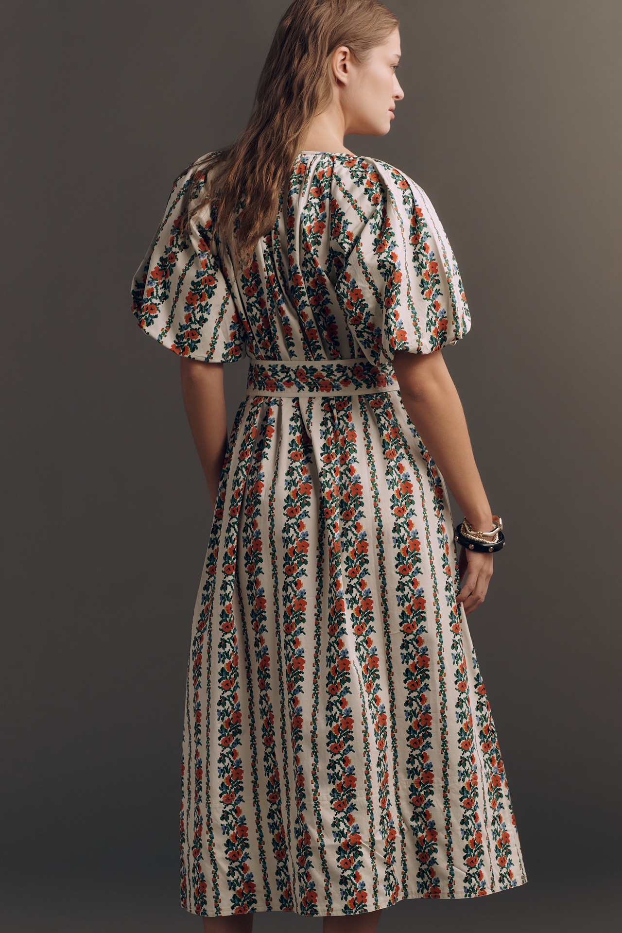 THE GREAT. Fairground Belted Puff-Sleeve Midi Dress