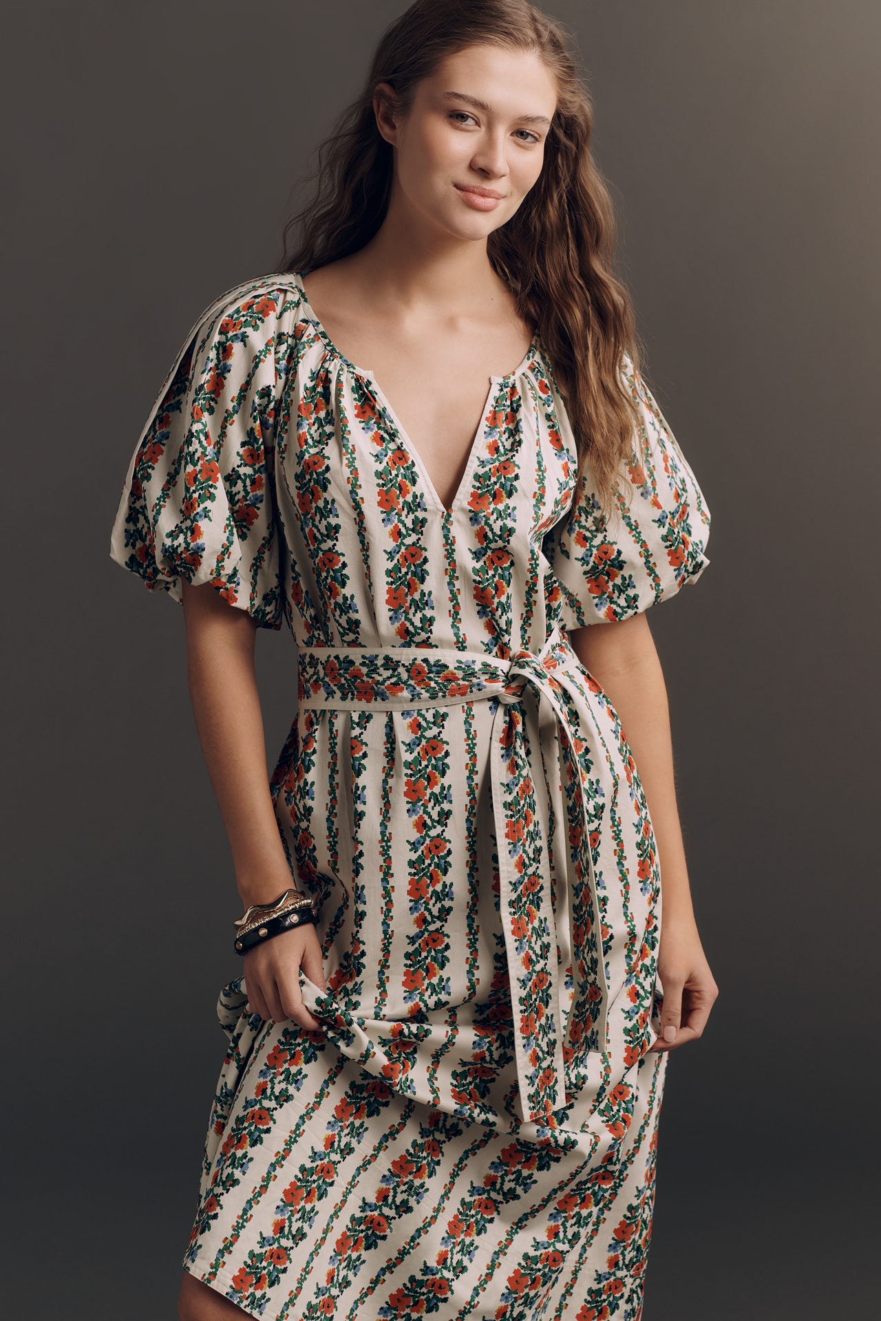 THE GREAT. Fairground Belted Puff-Sleeve Midi Dress