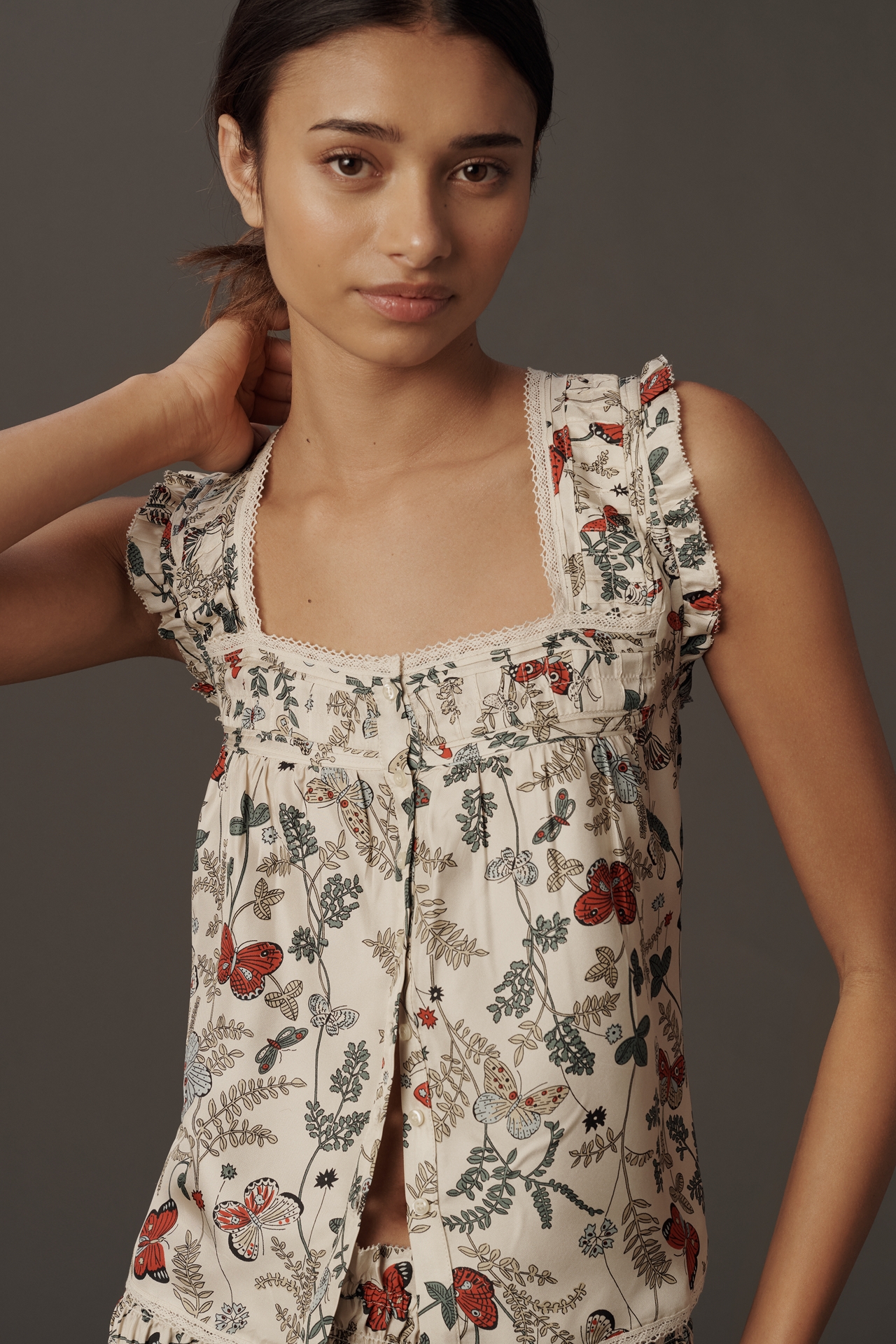 THE GREAT. Victorian Silk Flutter-Sleeve Top