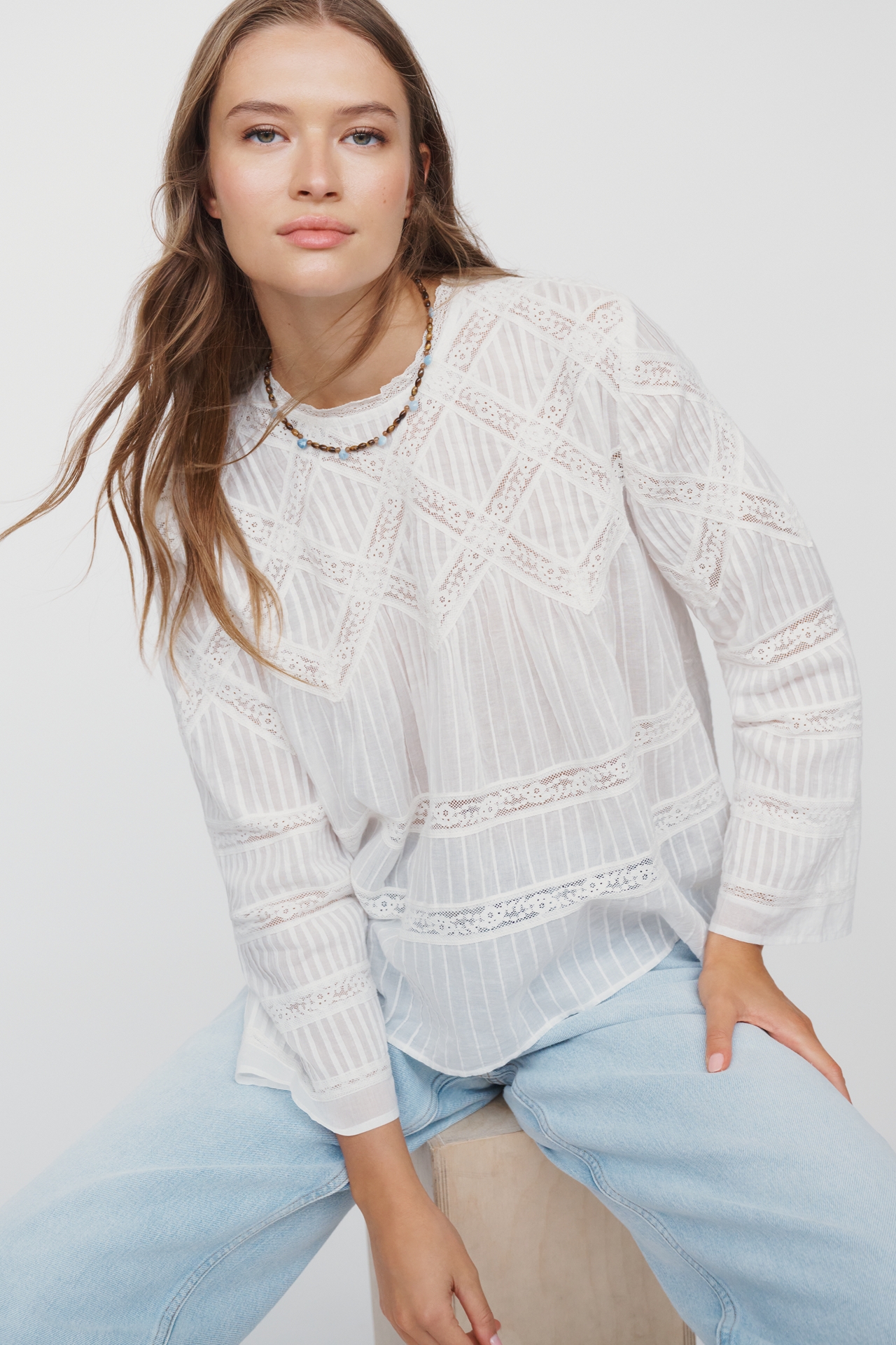THE GREAT. 100% Cotton Lattice Lace Top