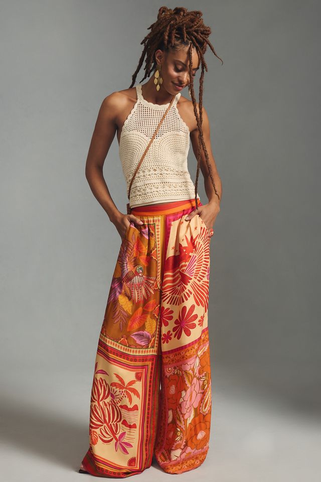 Farm Rio Forest Mixed Scarves Wide-Leg Pants | Anthropologie