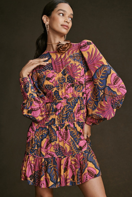 farm rio x anthropologie long-sleeve ruffle-shoulder shift mini dress Farm Rio x Anthropologie Long-Sleeve Mini Swing Dress