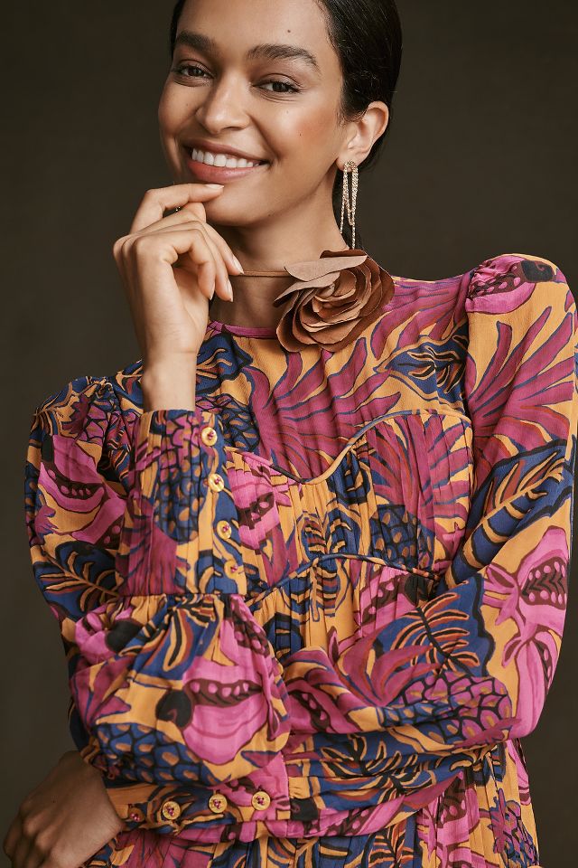 farm rio x anthropologie long-sleeve mini swing dress Farm Rio Arabesque Long-Sleeve Wrap Mini Dress
