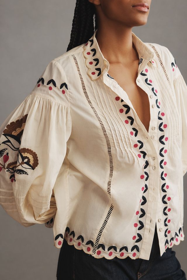 Farm Rio Palms Paradise Sand Embroidery Blouse | Anthropologie