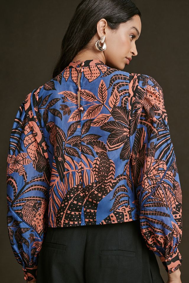 Farm Rio Tropical Pleated Long-Sleeve Blouse #1