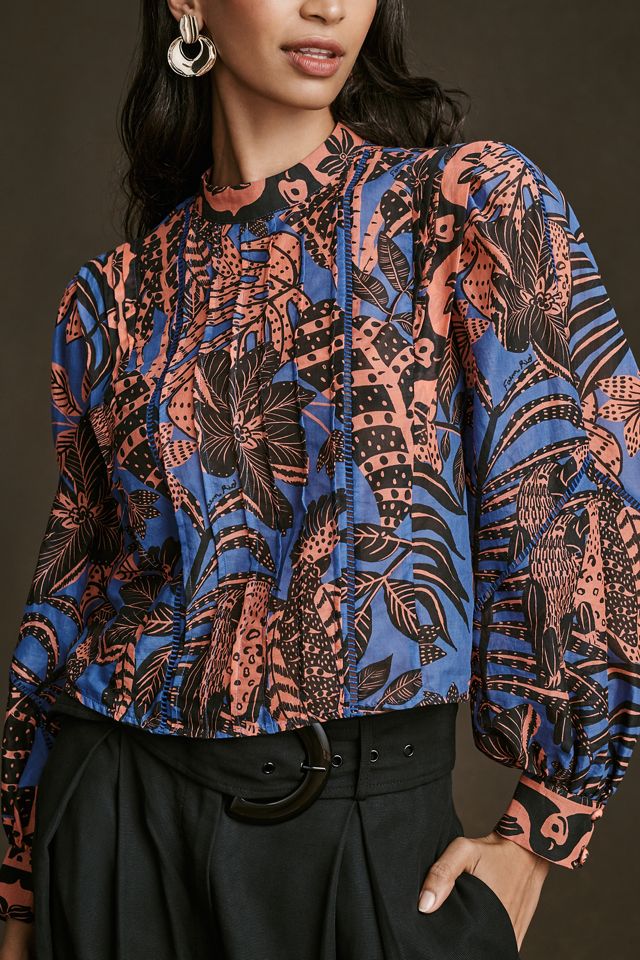 Farm Rio Tropical Pleated Long-Sleeve Blouse #3