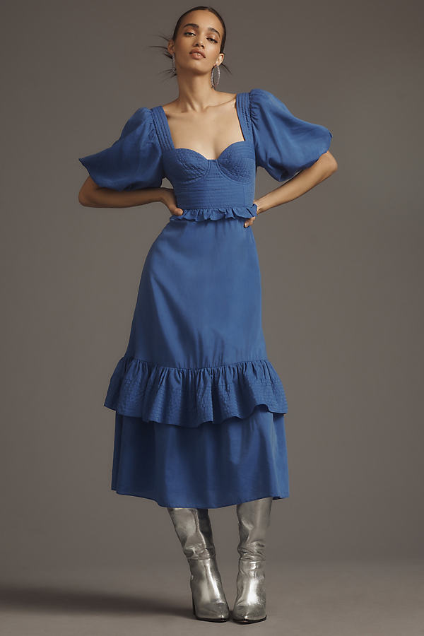 Farm Rio Short-sleeve Sweetheart Midi Dress In Blue