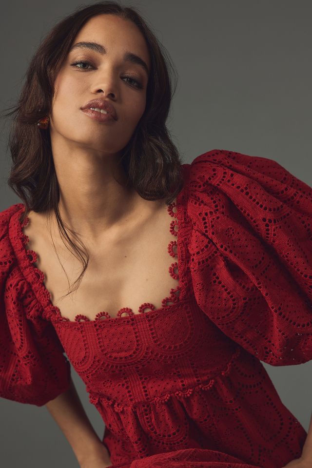 farm rio red pineapple dress Farm Rio x Anthropologie Pineapple Eyelet Puff-Sleeve Square-Neck Maxi Dress