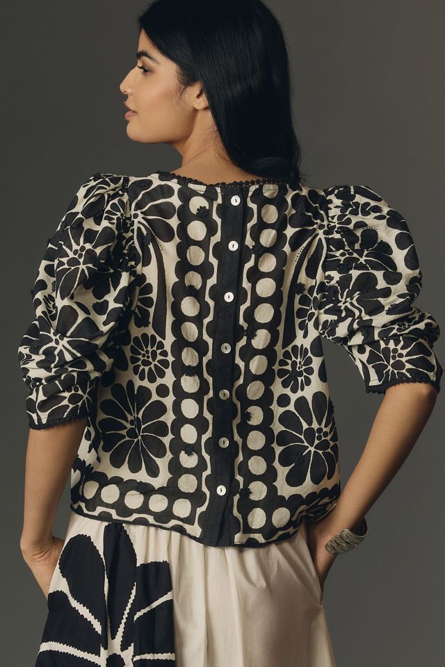 Farm Rio Palermo Puff-Sleeve Button-Back Blouse #1
