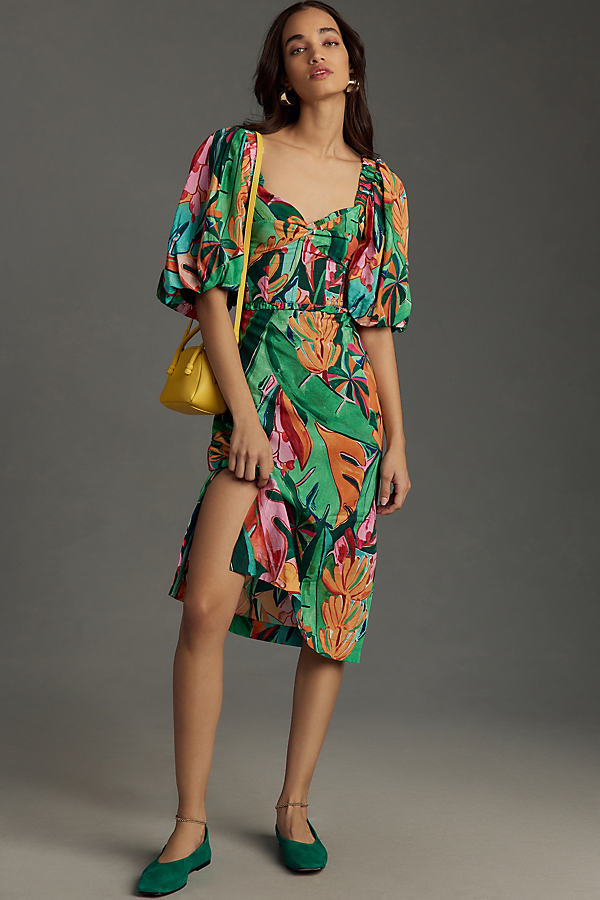 Shop Farm Rio Puff-sleeve Midi Dress In Multicolor