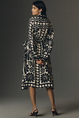 CUPSHE Women's V-Neck Button Dot Midi Dress - Long Ruffled Sleeve A-Line Knit Dress