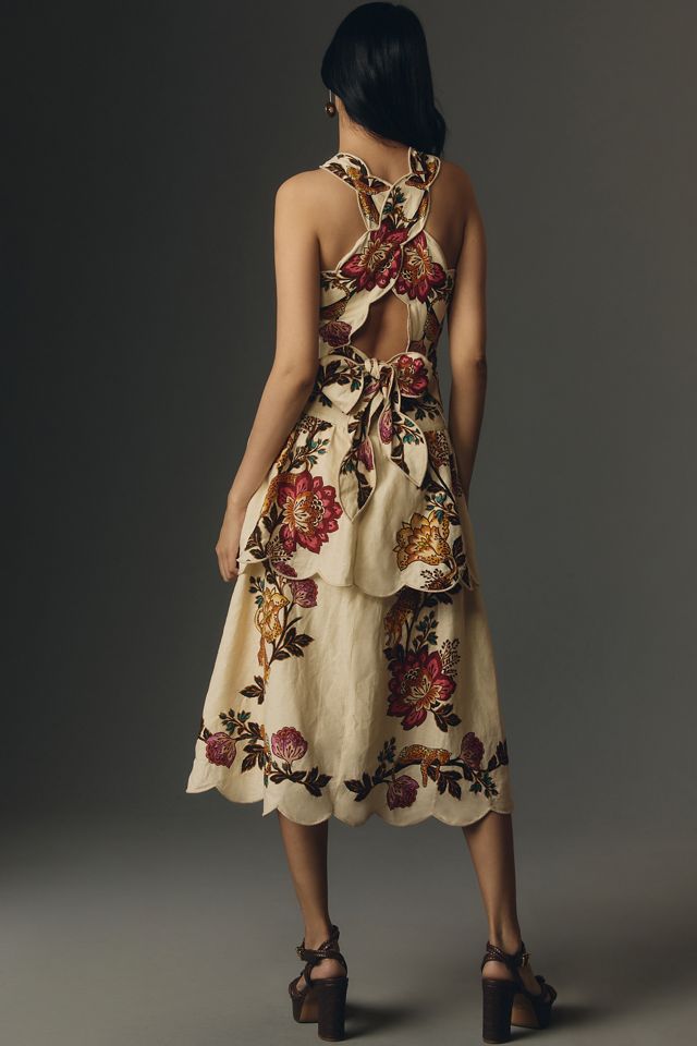 Farm Rio Sand Leopard Flowers Tiered Halter Cutout Midi Dress |  Anthropologie