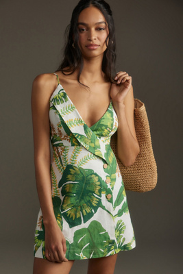 Farm Rio Tropical Forest Sleeveless V-Neck Linen Mini Dress | Anthropologie