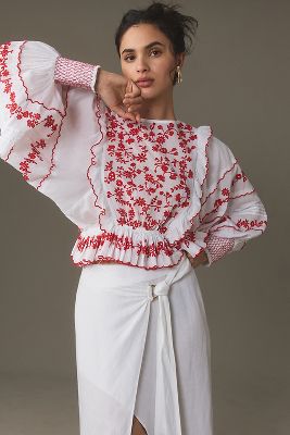 Farm Rio Long-Sleeve Embroidered Blouse | Anthropologie