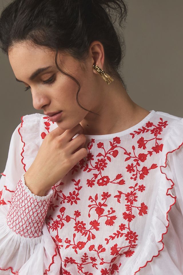 Farm Rio Long-Sleeve Embroidered Blouse | Anthropologie