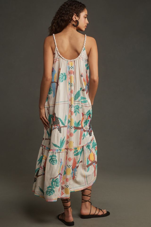 Farm Rio Stitched Birds Scarf Linen Maxi Dress #1