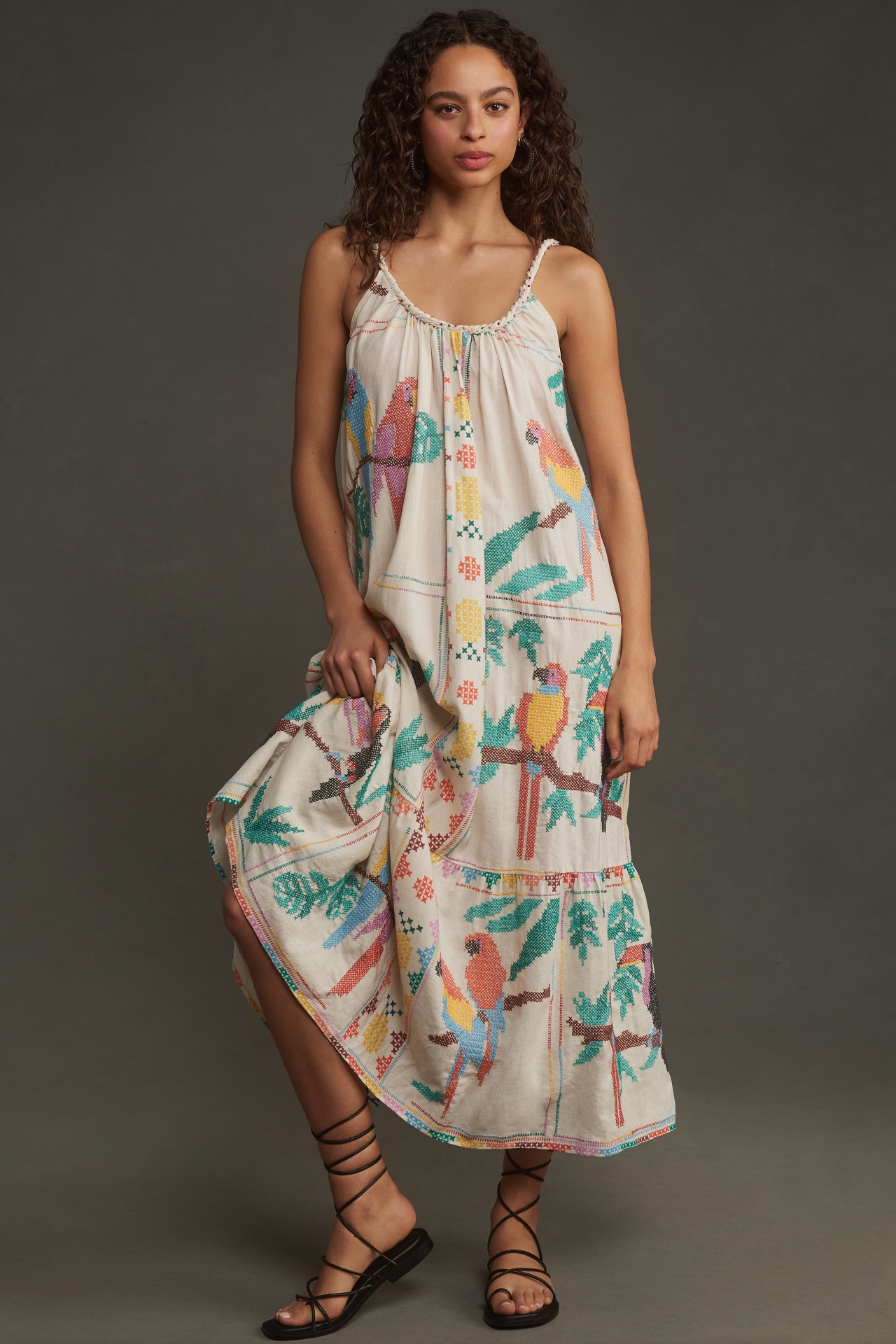 Farm Rio Stitched Birds Scarf Linen Maxi Dress