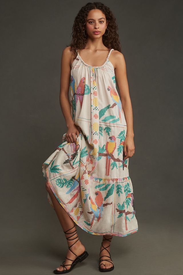 Farm Rio Stitched Birds Scarf Linen Maxi Dress | Anthropologie