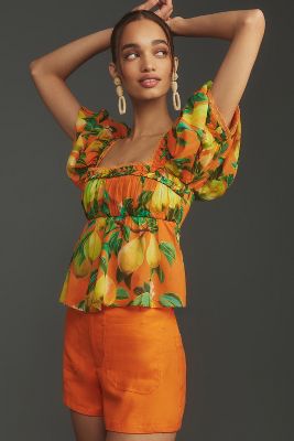Shop Farm Rio Orange Chic Pears Short-sleeve Blouse In Multicolor