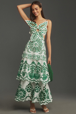 chinese dress ladies Farm Rio 3D Floral Linen Midi Dress