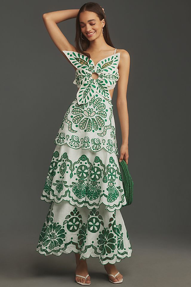knee length dresses for ladies Farm Rio Romantic Richelieu Maxi Dress Monelle Vermont
