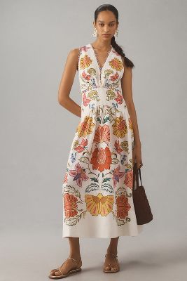 Shop Farm Rio Floral V-neck Sleeveless Linen Maxi Dress In Beige