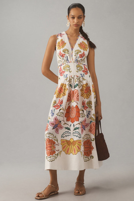 farm rio v-neck linen blend maxi dress Farm Rio V-Neck Puff-Sleeve Linen Maxi Dress