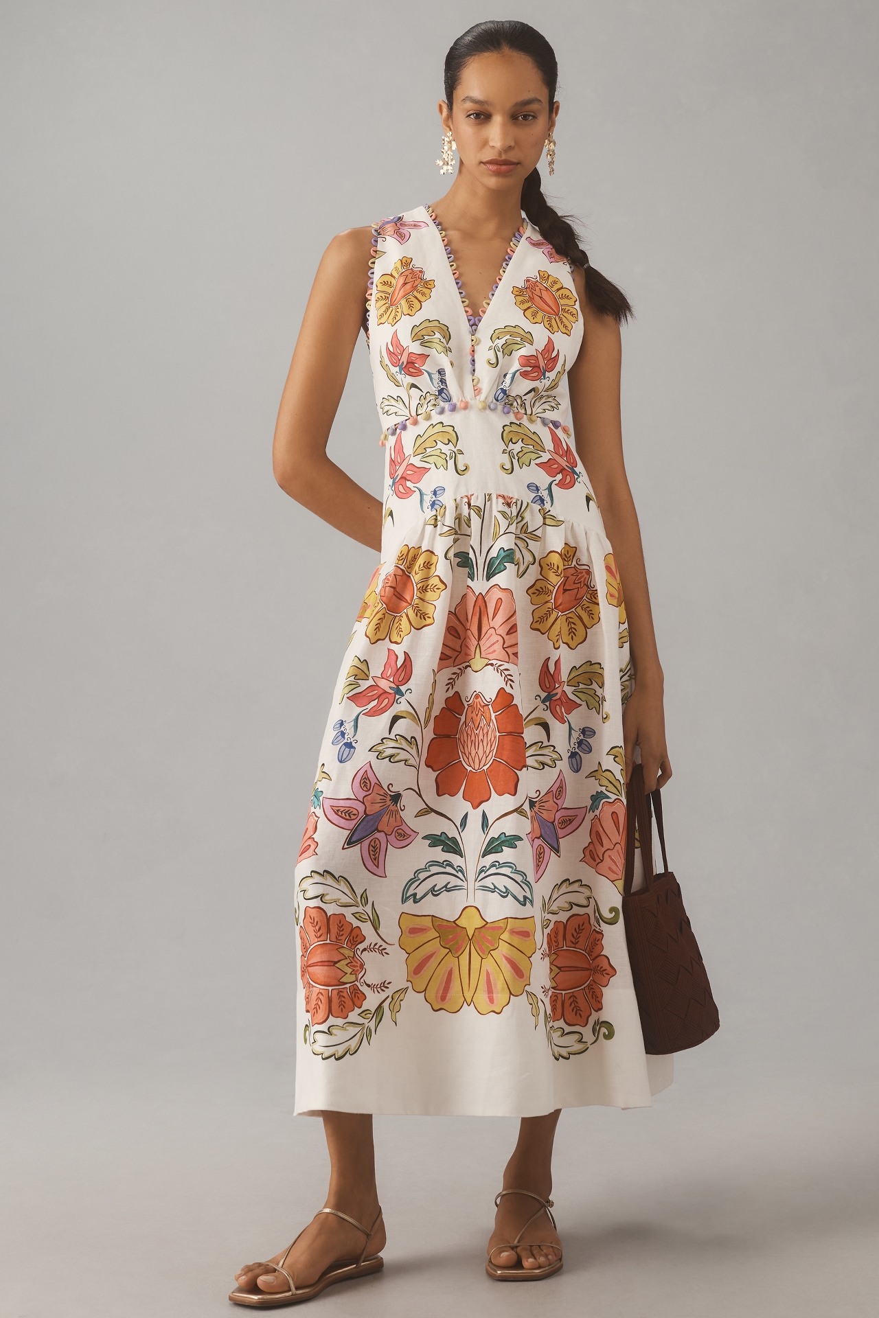 Farm Rio Floral V-Neck Sleeveless Linen Maxi Dress