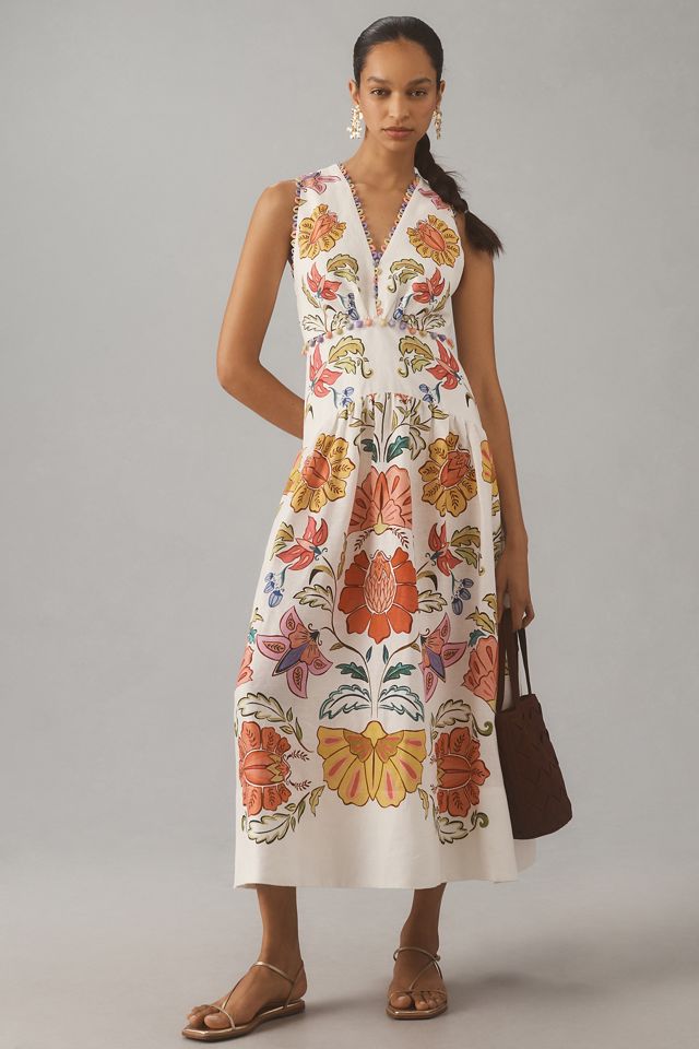 ANTHROPOLOGIE FARM RIO Yellow White Floral outlet Print Square Neck Cantonal Maxi Dress