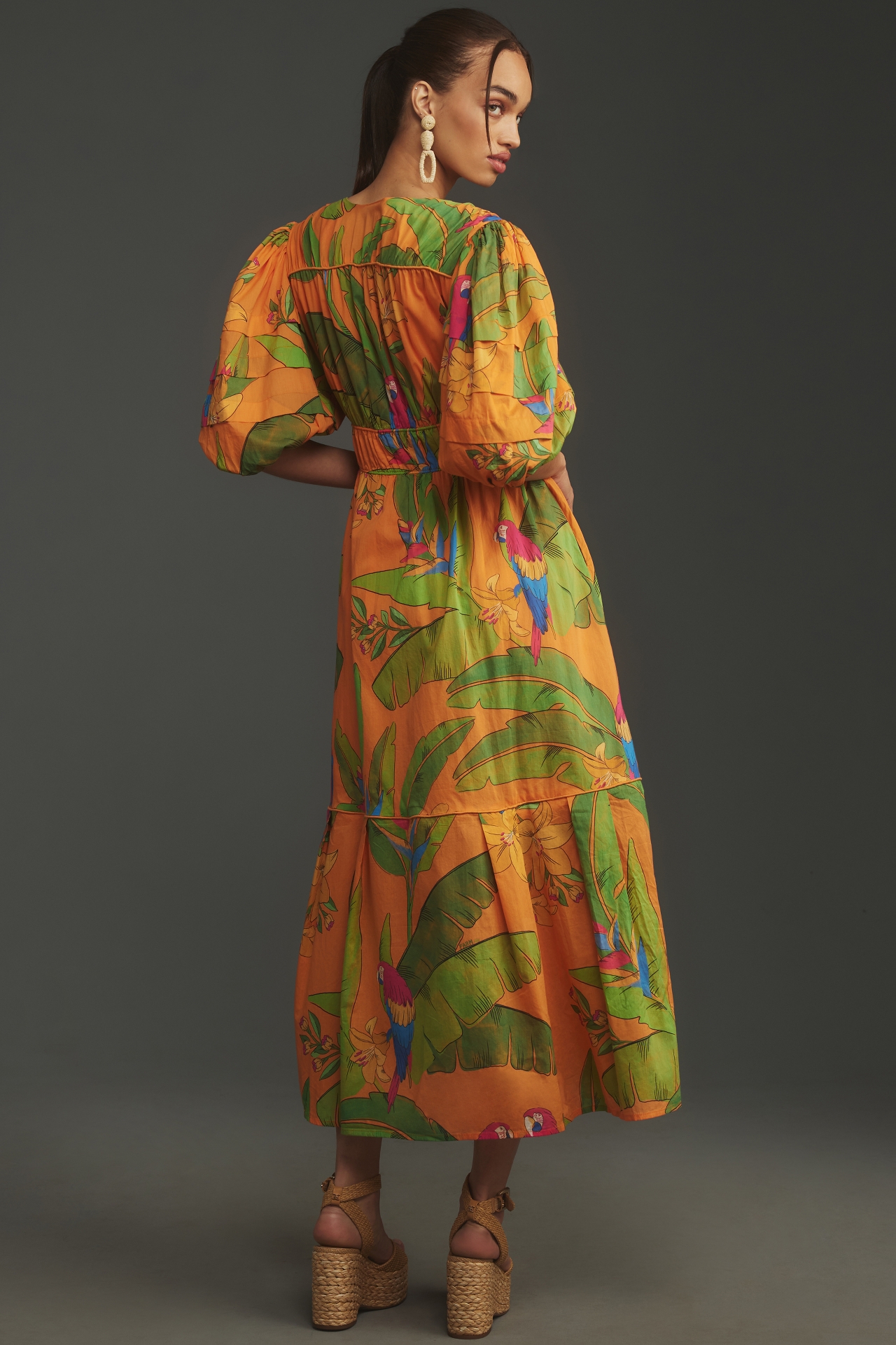 Farm Rio Fresh Macaws Puff-Sleeve Maxi Dress