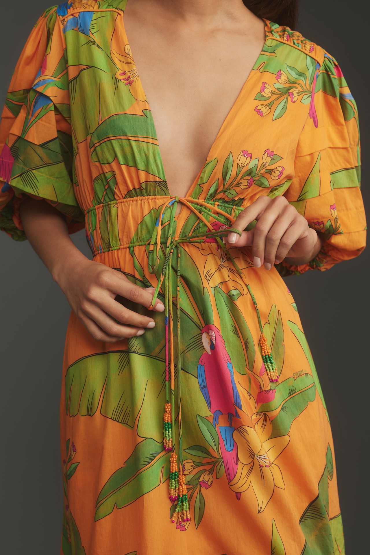 Farm Rio Fresh Macaws Puff-Sleeve Maxi Dress