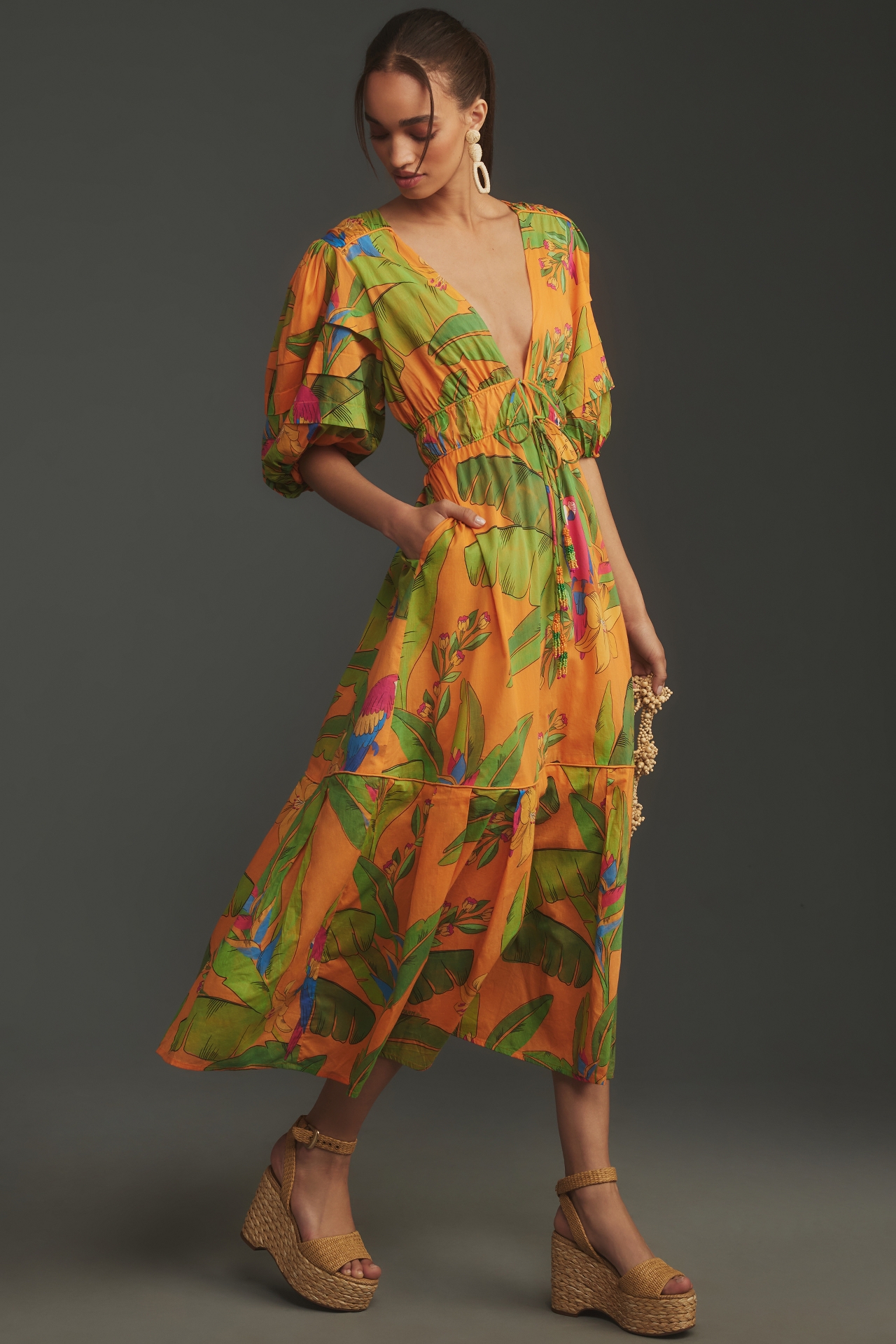 Farm Rio Fresh Macaws Puff-Sleeve Maxi Dress