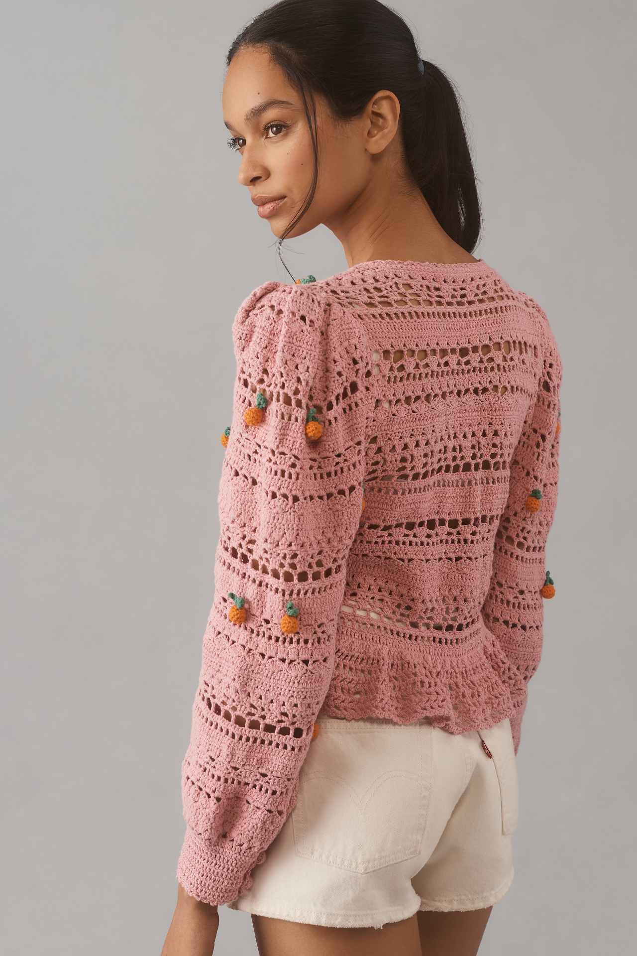 Farm Rio Orange Tassel Crochet Cardigan Sweater