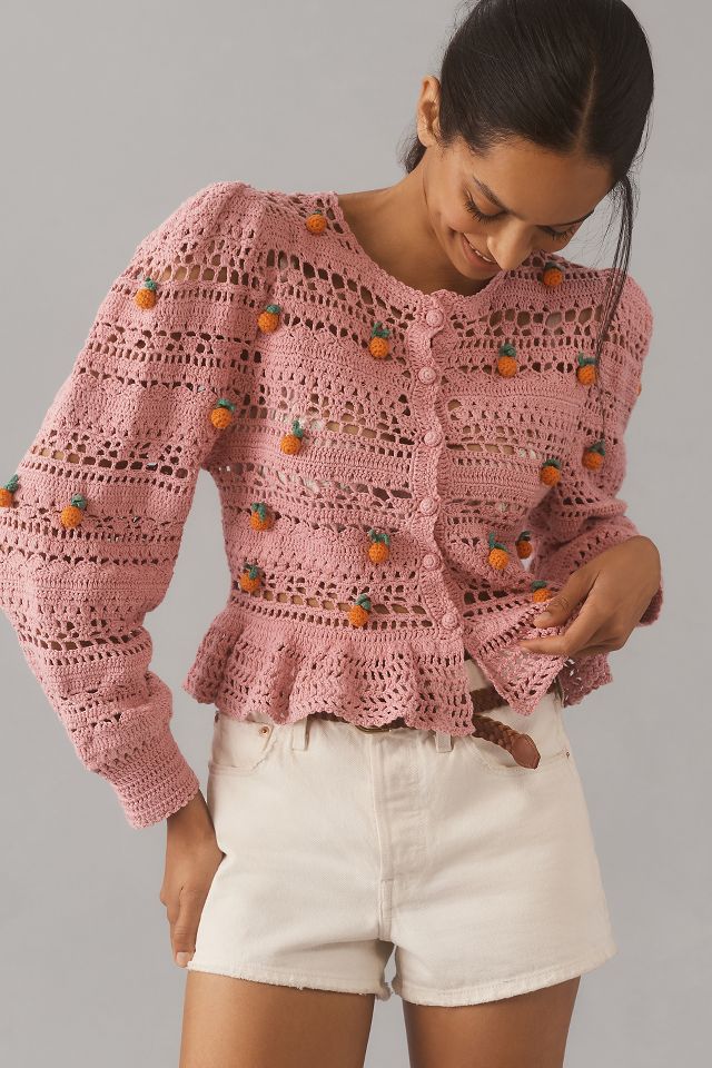 Farm Rio Orange Tassel Crochet Cardigan Sweater | Anthropologie