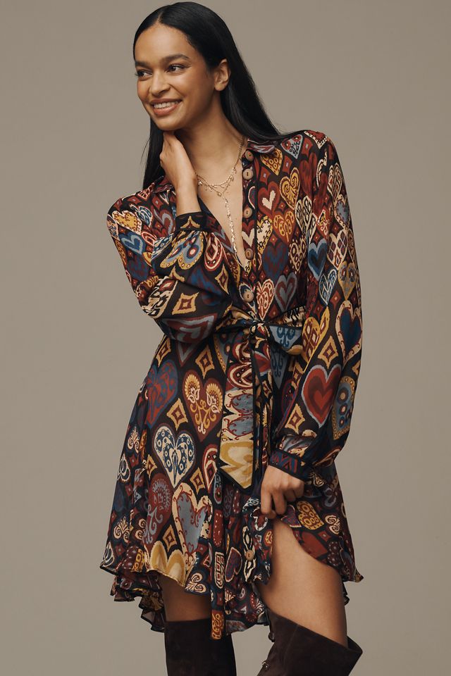 Farm Rio Hearts Ikat Long-Sleeve Mini Shirt Dress #3