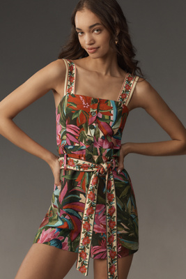 Farm Rio Jardin De Reve Multicolor Jumpsuit With Waist Waist Belt And All-over Floral Print In Linen Blend Wo In Pink