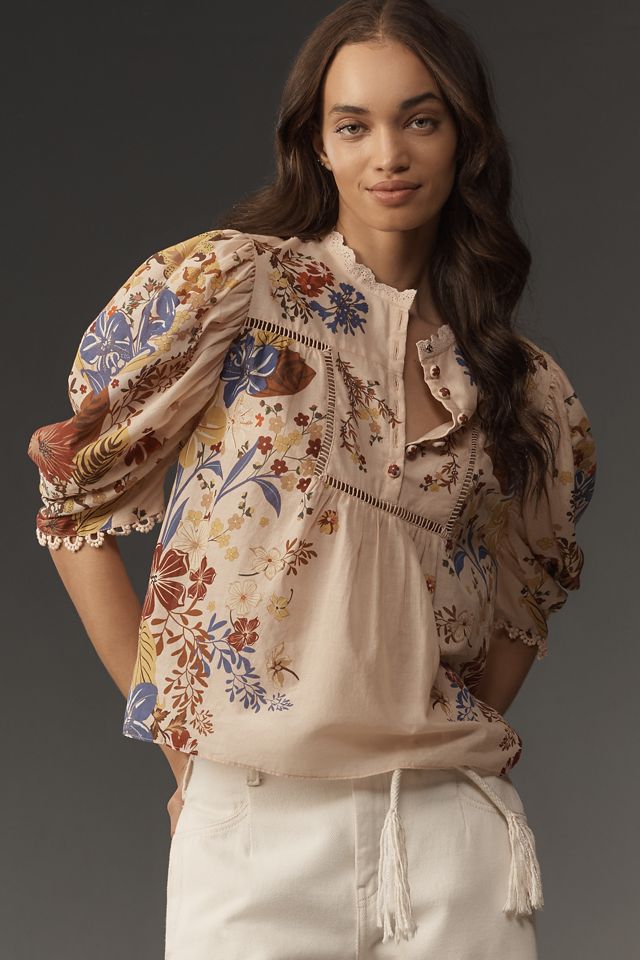 New Anthropologie buy Farm Rio Bishop-Sleeve Blouse $195 SMALL Cream