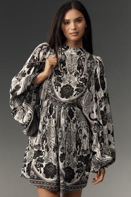 FARM RIO HIGH-NECK LONG-SLEEVE MINI DRESS 