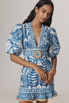 Farm Rio Linen Blend Lace Nature Puff-sleeve V-neck Belted Mini Dress In Blue