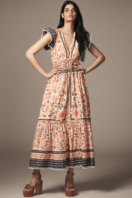 FARM RIO SUPERBLOOM TAPESTRY RUFFLE MAXI DRESS 