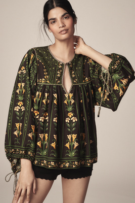 FARM RIO FLOWERS ARCH LINEN BLEND LONG-SLEEVE BLOUSE 