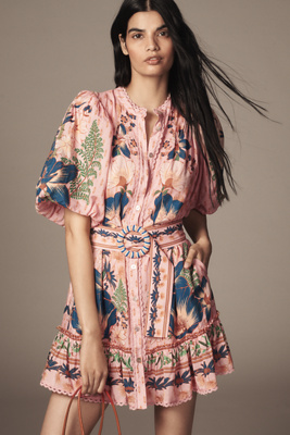 Farm Rio Dream Garden Pink Mini Dress With Belt In Orange