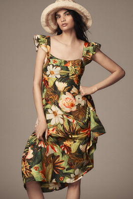 Shop Farm Rio Botanical Forest Ruffled-strap Midi Dress In Beige