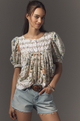 Farm Rio Scoop Neck Short Sleeve Blouse Folk Floral Off-white In White