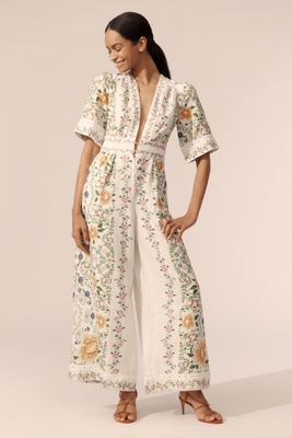 Farm Rio Folk Floral Linen Blend Short-sleeve Wide-leg Jumpsuit In White