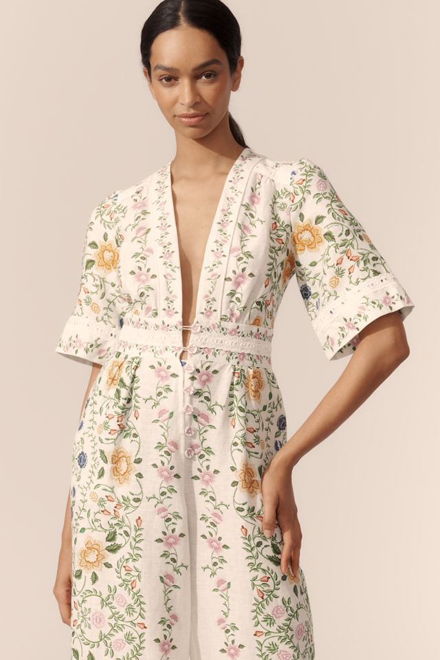 Farm Rio Folk Floral Linen Blend Short-Sleeve Wide-Leg Jumpsuit #1