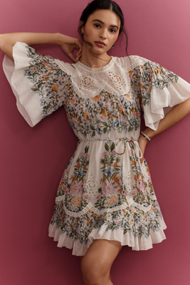 Farm Rio Sweet Bloom Bouquet Short-sleeve Mini Dress In White