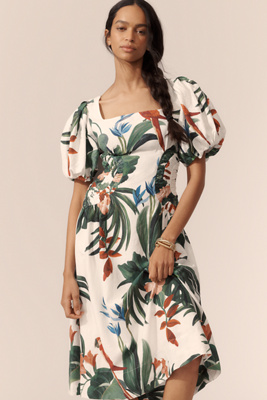 Farm Rio Midnight Macaw Fiesta Linen Blend Puff-sleeve Midi Dress In Multicolor