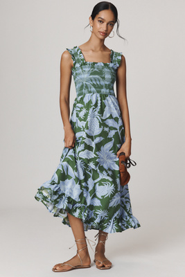 Farm Rio Tropical Swing Smocked Sleeveless Midi Dress | Anthropologie